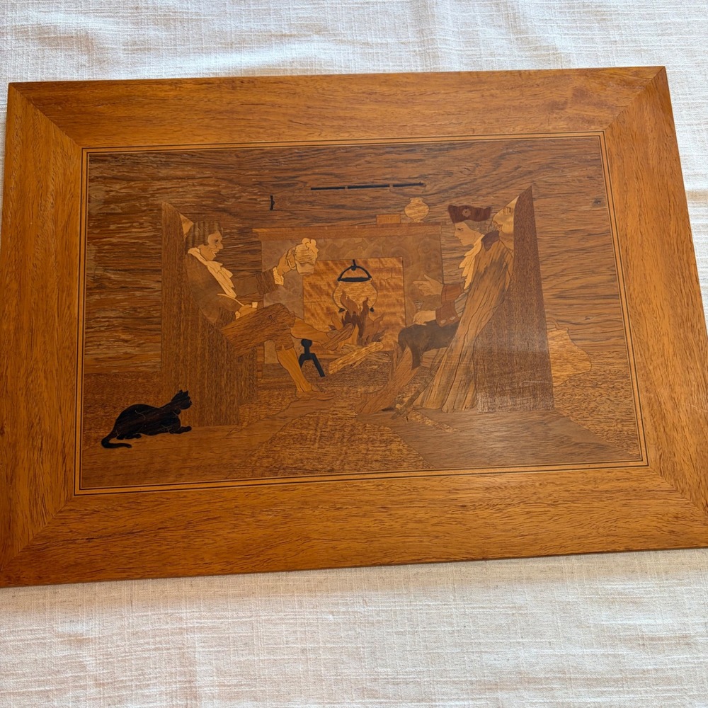 Vintage Wood Inlay Marquetry Art Colonial Tavern Scene Fireplace Cat 21x15